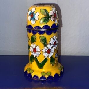 Vintage Small Colorful Asian Floral Cloisonné w/ Lid Canister Toothpicks Holder